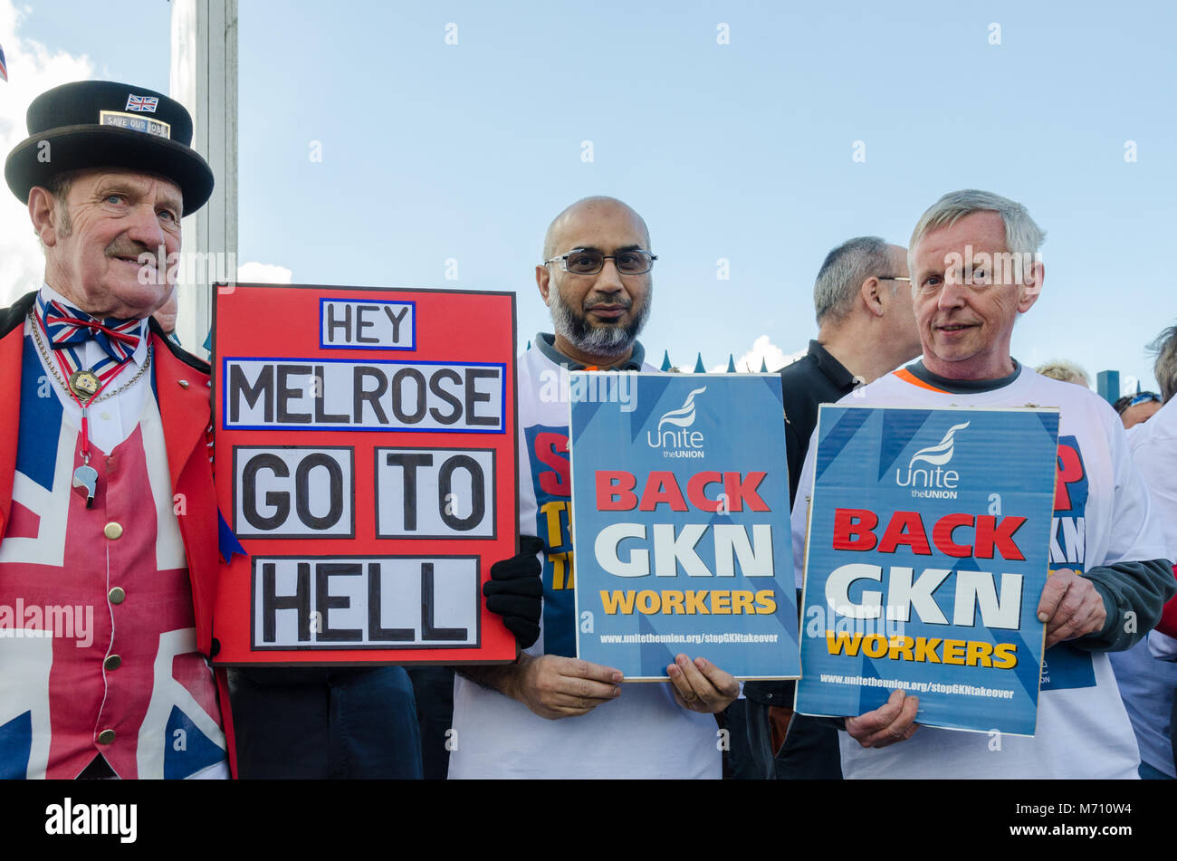 Birmingham, Großbritannien. 7. März 2018. Protest gegen geplante Übernahme der britischen Firma GKN von Melrose International außerhalb der GKN Driveline Fabrik in Erdington, Birmingham. Stockfoto