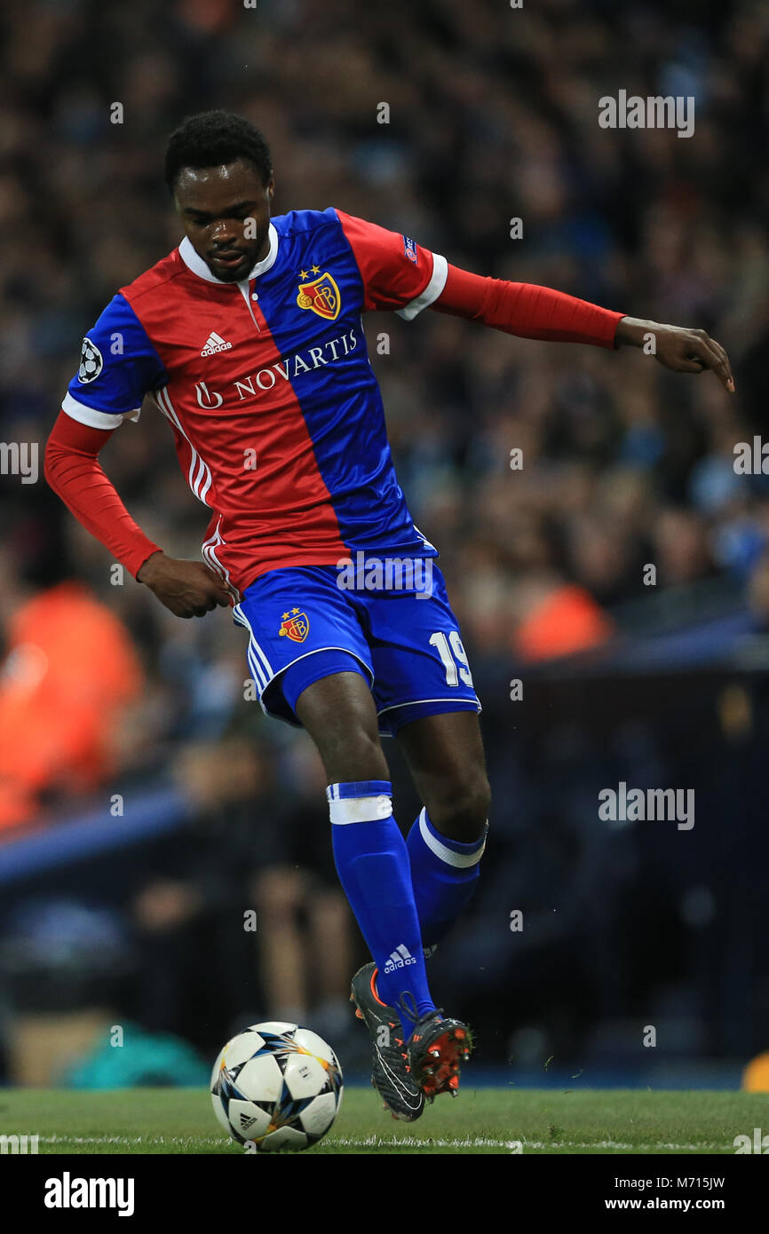 Manchester, Großbritannien. 7. März 2018, Champions League Runde 16 Leg 2, Manchester City gegen den FC Basel; Dimitri Oberlin #19 von Basel Stockfoto