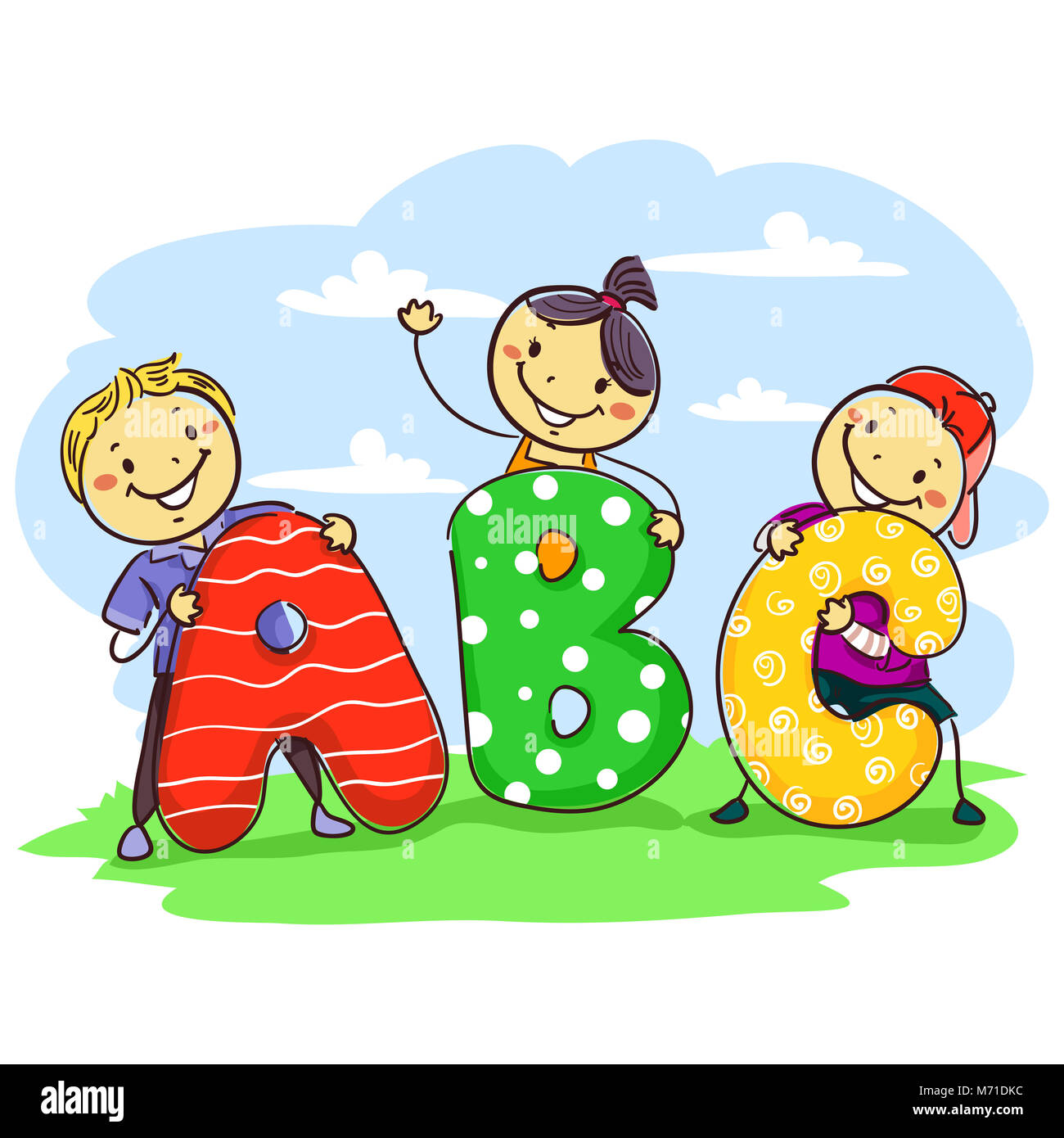 Vector Illustration von Stick Kinder hinter einem ABC Buchstaben Standee im Feld Stockfoto