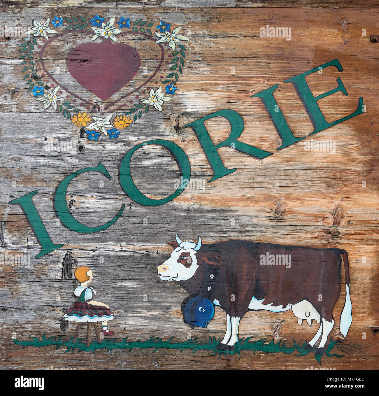Die ungewöhnliche äußere Zeichen für Icorie ein Geschäft mit Inneneinrichtung Elemente im Chalet Stil in Morzine Haute Savoie Portes du Soleil Frankreich Stockfoto