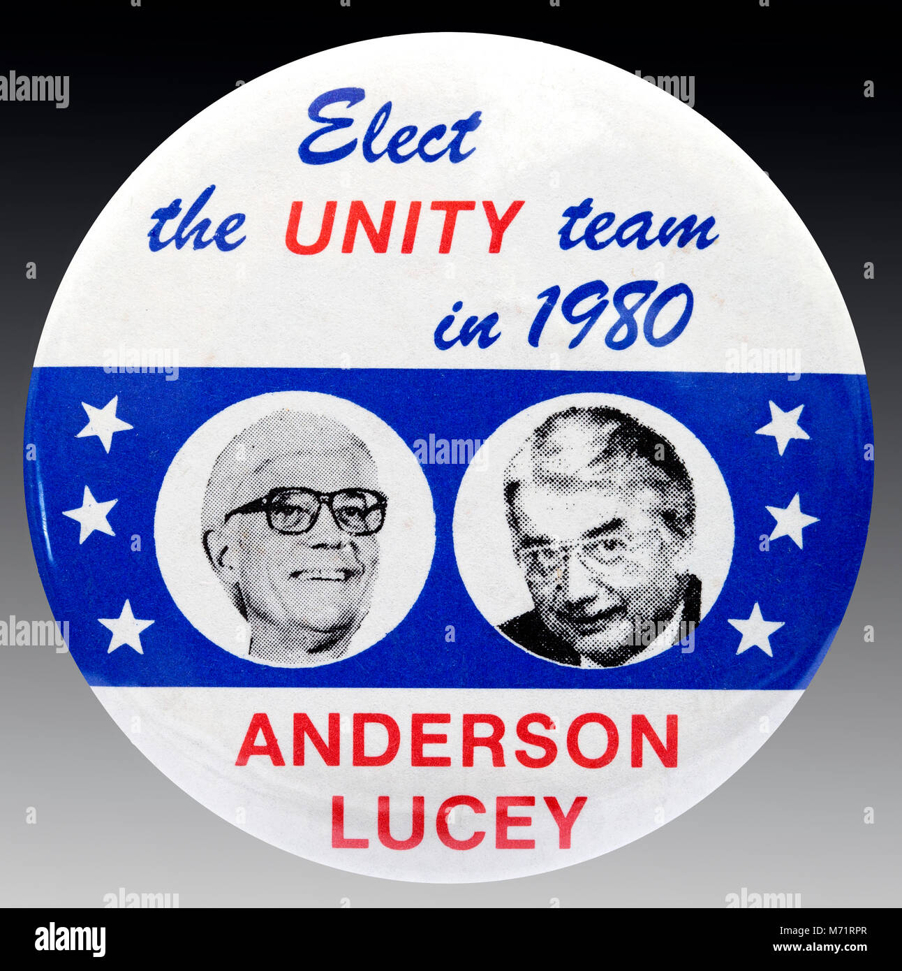 1980 United States Presidential campaign Anstecker für die National Unity Party Kandidaten John Anderson und Patrick Lucey Stockfoto