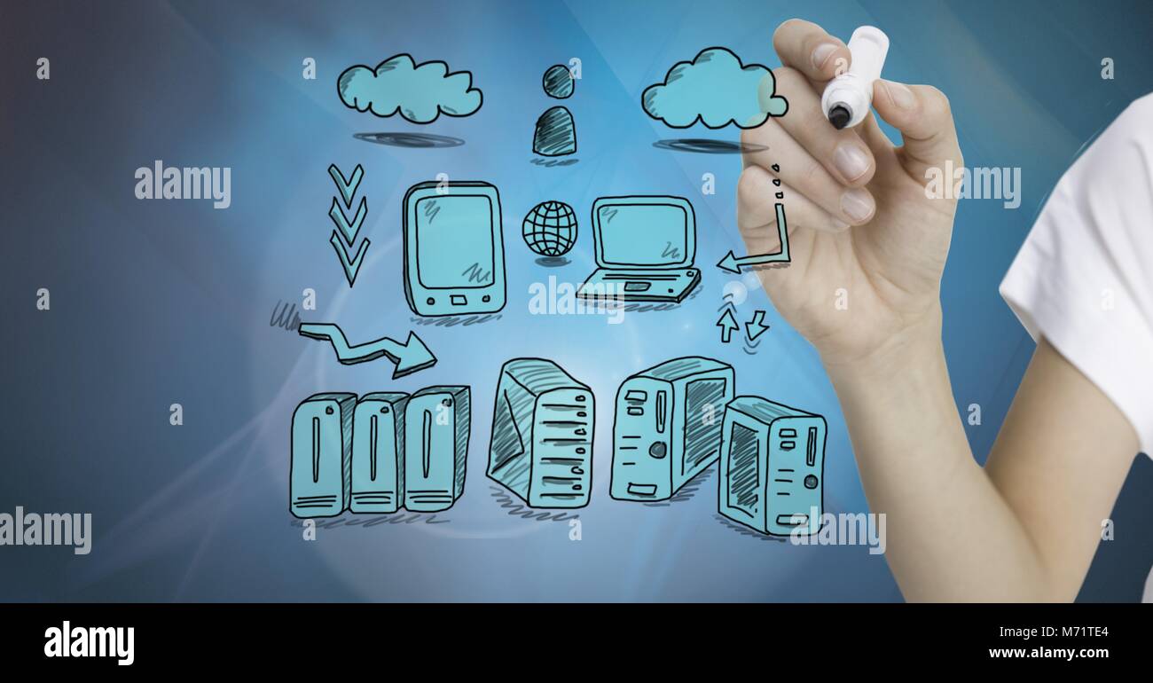 Server Netzwerk doodle von Hand gezeichnet Stockfoto