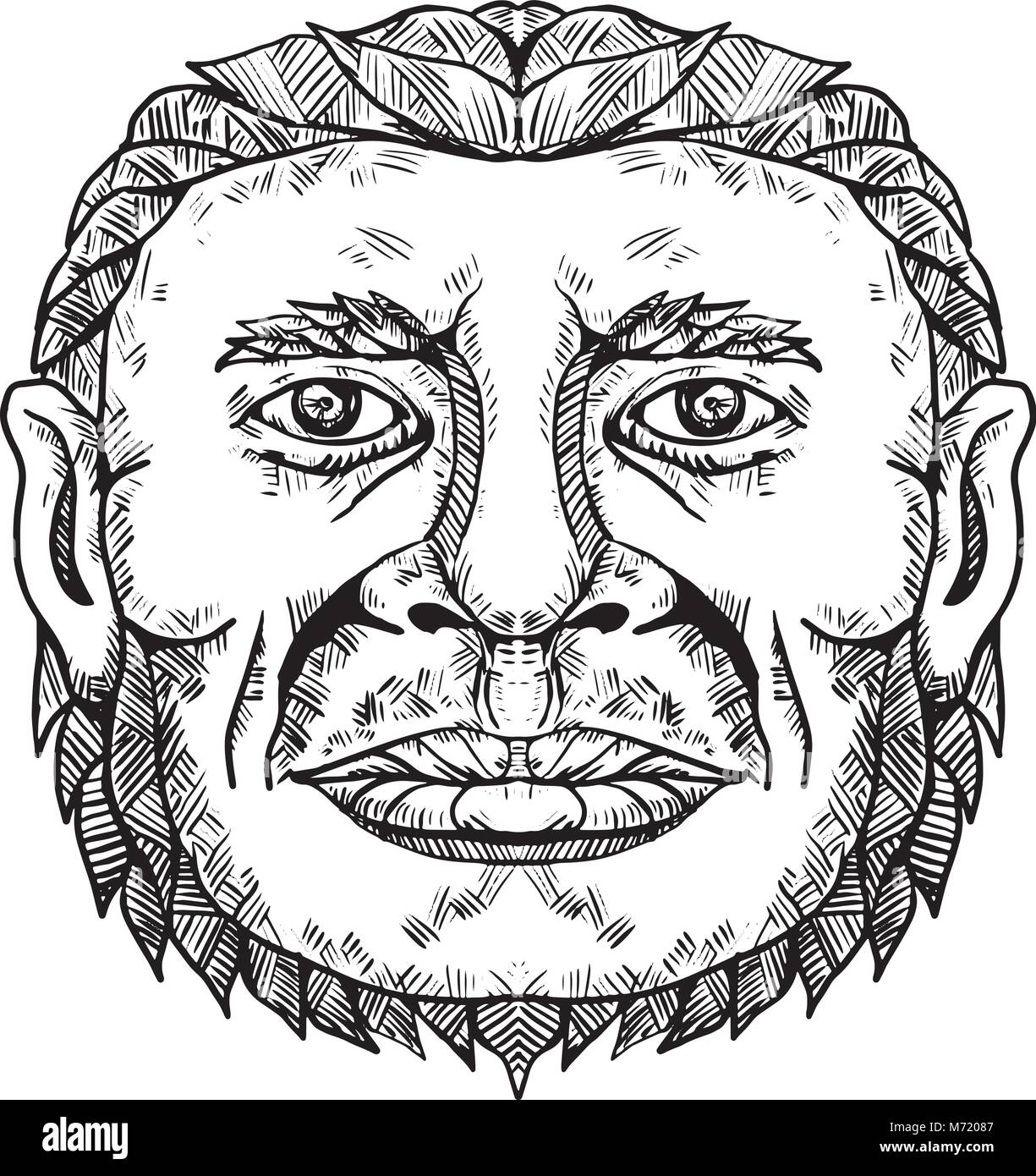 Doodle art Illustration der Kopf der männlichen Neandertaler, Neandertal oder Homo neanderthalensis, eine archaische Menschliche, die ausgestorben Vorderansicht in Schwarz wurde und Stock Vektor
