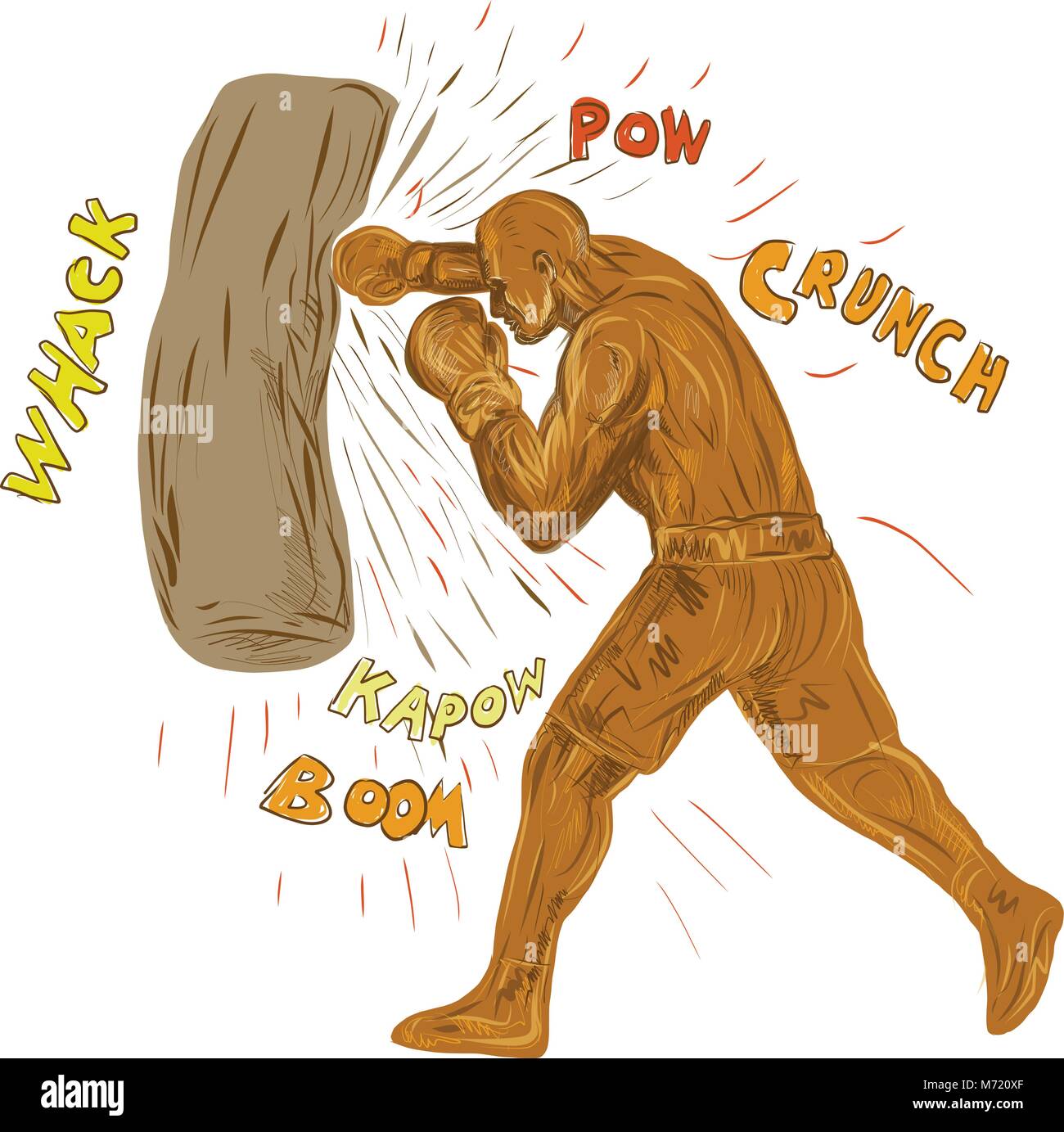 Zeichnung Skizze stil Abbildung: ein Boxer boxen Stanzen schlagen der Boxsack mit Worten Pow, whack, kapow, Ausleger, Crunch auf isolierten backgroun Stock Vektor