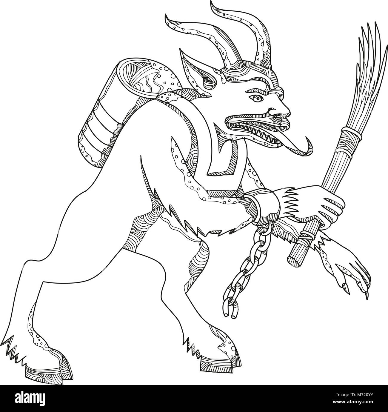 Doodle art Illustration eines Krampus, eine Gehörnte, anthropomorphe Figur, halb Ziege, halb Dämon, bestraft, die Kinder, die in schlecht benahm haben Stock Vektor