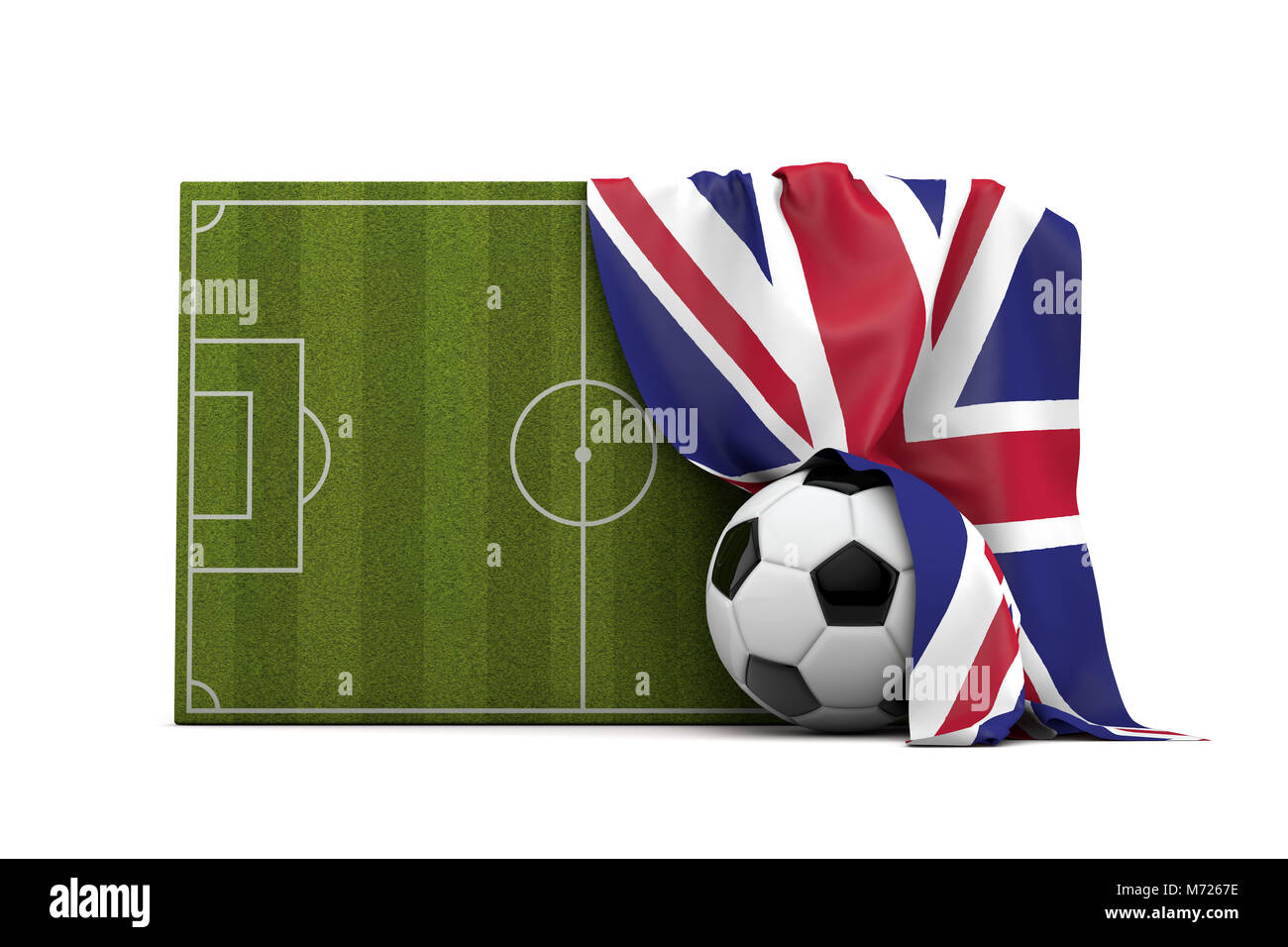Vereinigtes Königreich Land Flagge drapiert über einen Fußball Fußball- und Kugel. 3D-Rendering Stockfoto