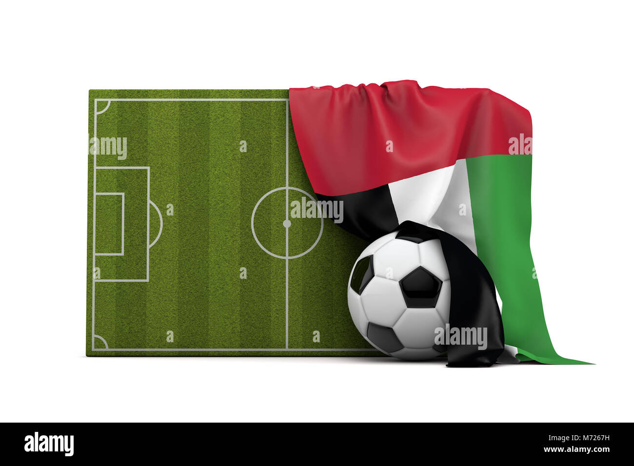Landesflagge Vereinigte Arabische Emirate drapiert über einen Fußball Fußball- und Kugel. 3D-Rendering Stockfoto