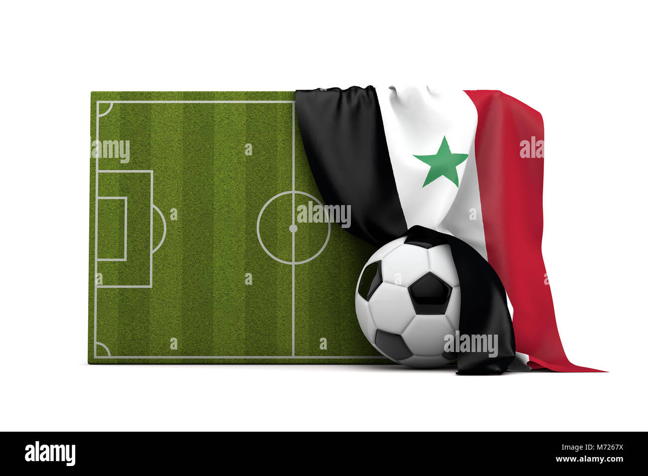 Syrien Land Flagge drapiert über einen Fußball Fußball- und Kugel. 3D-Rendering Stockfoto