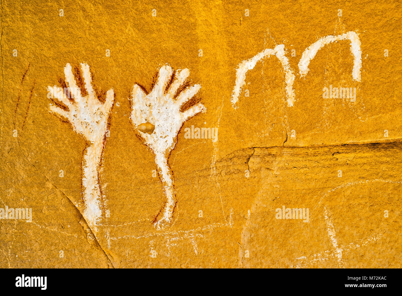 Winkende Hände Website Piktogramme kunst Panel, Canyon Pintado Historic District, in der Nähe von Rangely, Colorado, USA Stockfoto