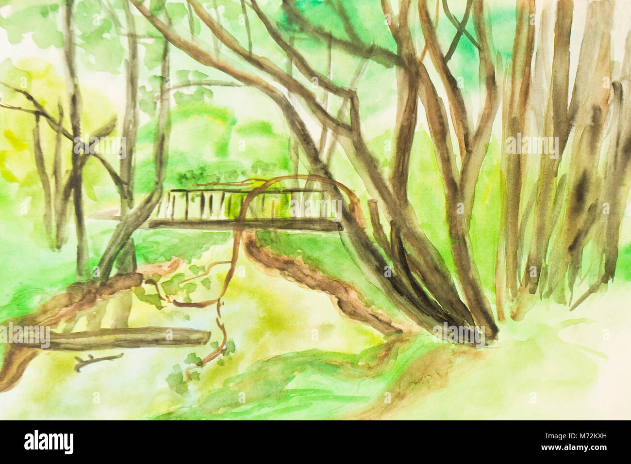 Hand gemalte Bild, Aquarelle, Sommer Landschaft Bäume und Brücke auf