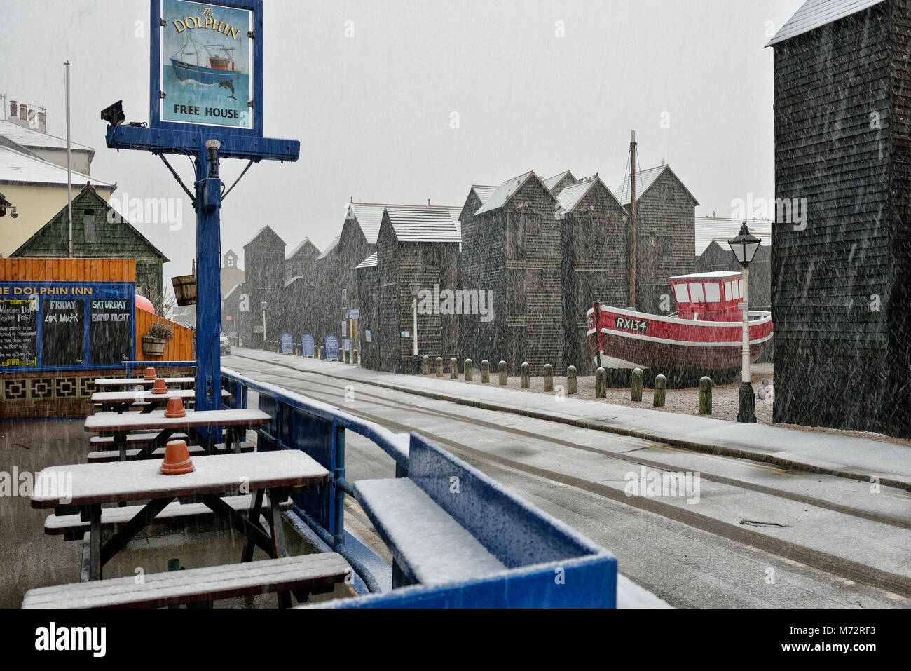 Schneegestöber, Rock ein Nore, Altstadt, Hastings, East Sussex, England, Großbritannien Stockfoto