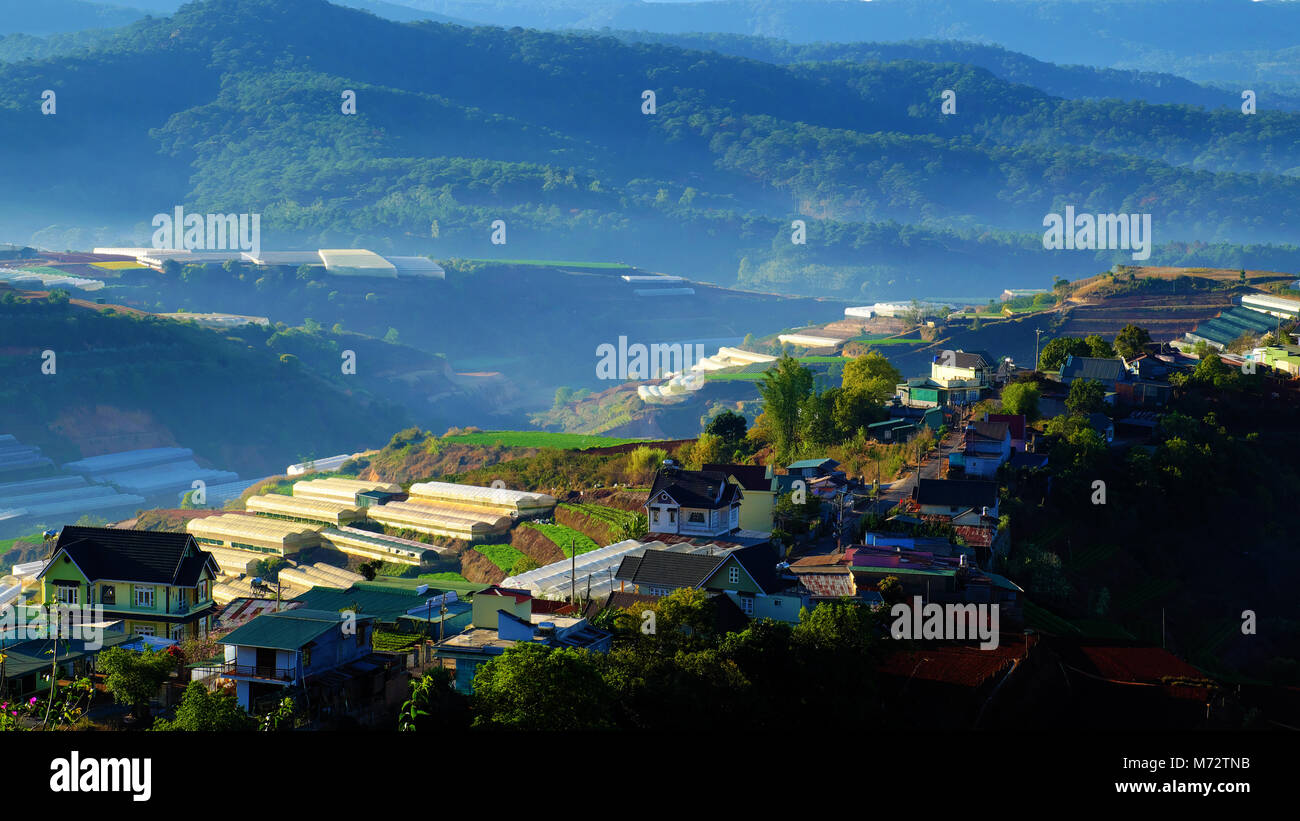 Da Lat Landschaft am frühen Morgen, Nebel auf Wohnsitz, Gebirge, Pinienwald an nebligen, Haus am Hang, wunderbare Landschaft und romantische Landschaft Stockfoto