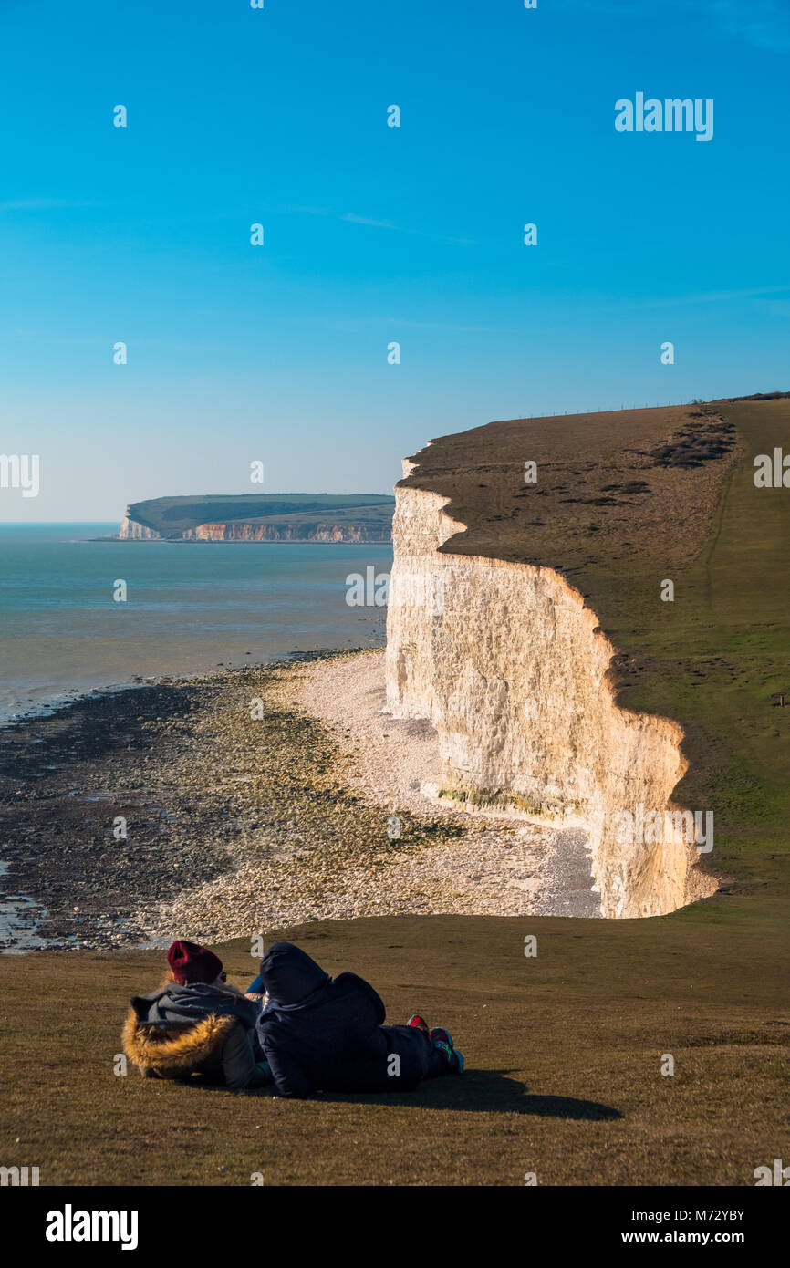 Weiße Kreidefelsen der Sieben Schwestern, Seaford, East Sussex, England Stockfoto