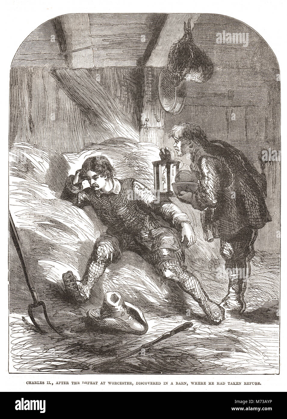 Prinz Charles, Sohn von Charles I, und künftigen König Charles II., in einer Scheune versteckt, 1651, nach der Niederlage in der Schlacht von Worcester 3. September 1651, Englischer Bürgerkrieg Stockfoto