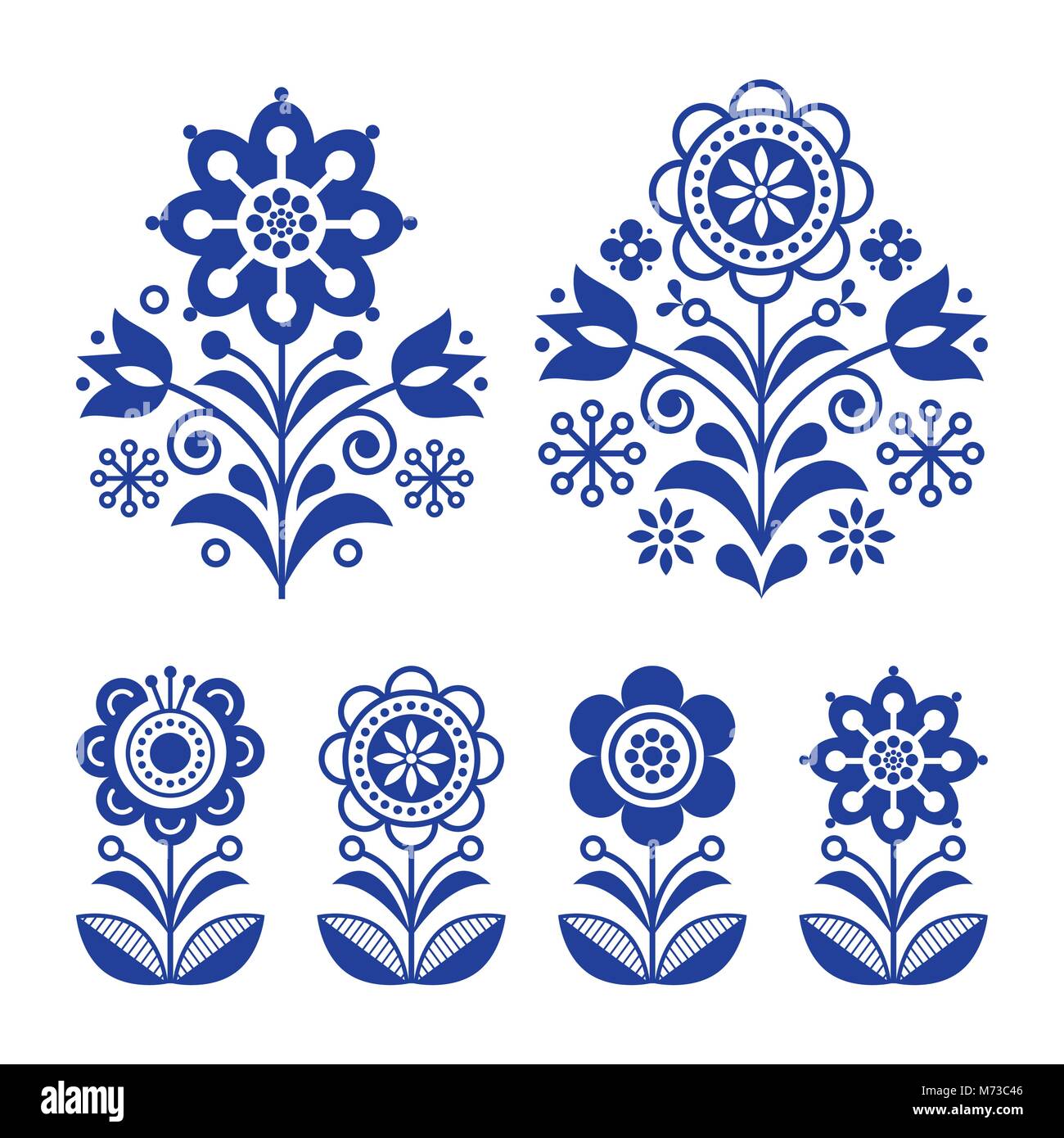 Skandinavische Blumen Design, Volkskunst Dekoration mit Blumen, Nordic retro Hintergrund in Marineblau Stock Vektor