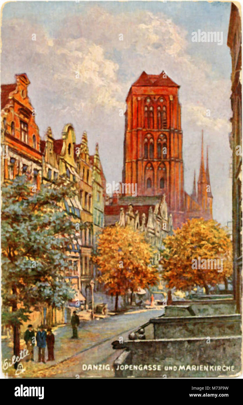 Dieses historische Bild zeigt die Jopengasse Straße und die Marienkirche in Danzig (heute Gdańsk) und zeigt die architektonische Schönheit dieser historischen Stadt in Polen. Stockfoto