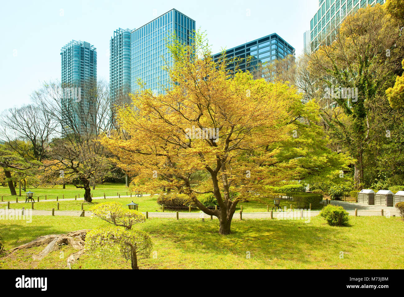 Hamarikyu (auch Hama Rikyu) Gärten und moderne Wolkenkratzer von der Gegend Shiodome, Chuo Bezirk, Tokyo, Region Kanto, Honshu, Japan Stockfoto