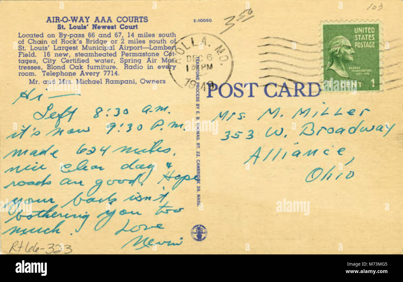 Air-O-Way AAA Courts, im Besitz von Mr. Und Mrs. Michael Rampani, sind Teil der United Motor Courts. Dieses Foto zeigt das Layout des Motorsports und seine Rolle in den Reiseunterkünften während seiner Ära. Stockfoto