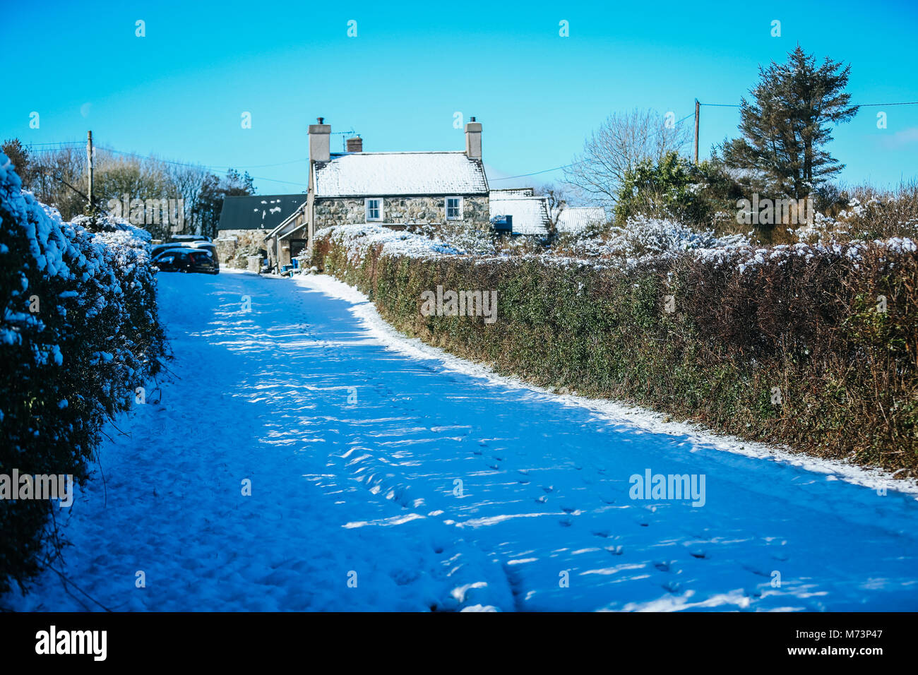 In Gwynedd Abersoch, North Wales, UK. 8. März, 2018. Ein unerwarteter sonnigen, verschneiten Szene in Abersoch, North Wales, UK heute morgen, Donnerstag, den 8. März 2018. Nach der beeinflusst von der Sturm Emma am Wochenende, wodurch schwere Schneeverwehungen im Bereich, einheimische wachte heute Morgen auf eine andere frische Winter, mit einer Decke des Schnees für den Bereich. Credit: Dafydd Owen/Alamy leben Nachrichten Stockfoto