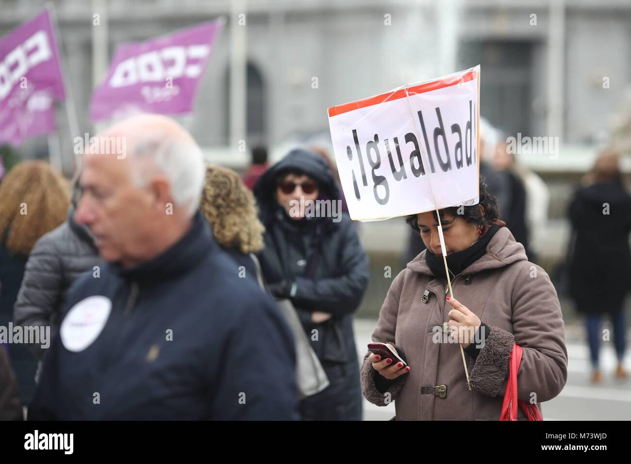 UNAI SORDO Y PEPE ALVAREZ PARTICIPAN EN LA CONCENTRACION POR LA HUELGA FEMINISTA EN LA PLAZA DE CIBELES, EN MADRID 08/03/2018 Erste Feminismus Generalstreik in Spanien während des 8. März, Frau Internationaler Tag, Spanien EP 888/Cordon drücken Sie Stockfoto