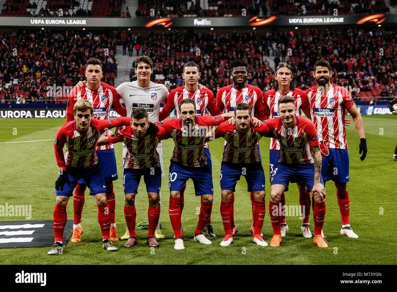 Madrid, Spanien. 8 Mär, 2018. Team Gruppe Liune-up UEFA Europa League Spiel zwischen Atlético de Madrid vs Lokomotiv Moscu am Wanda Metropolitano Stadion in Madrid, Spanien, 8. März 2018. Credit: Gtres Información más Comuniación auf Linie, S.L./Alamy leben Nachrichten Stockfoto