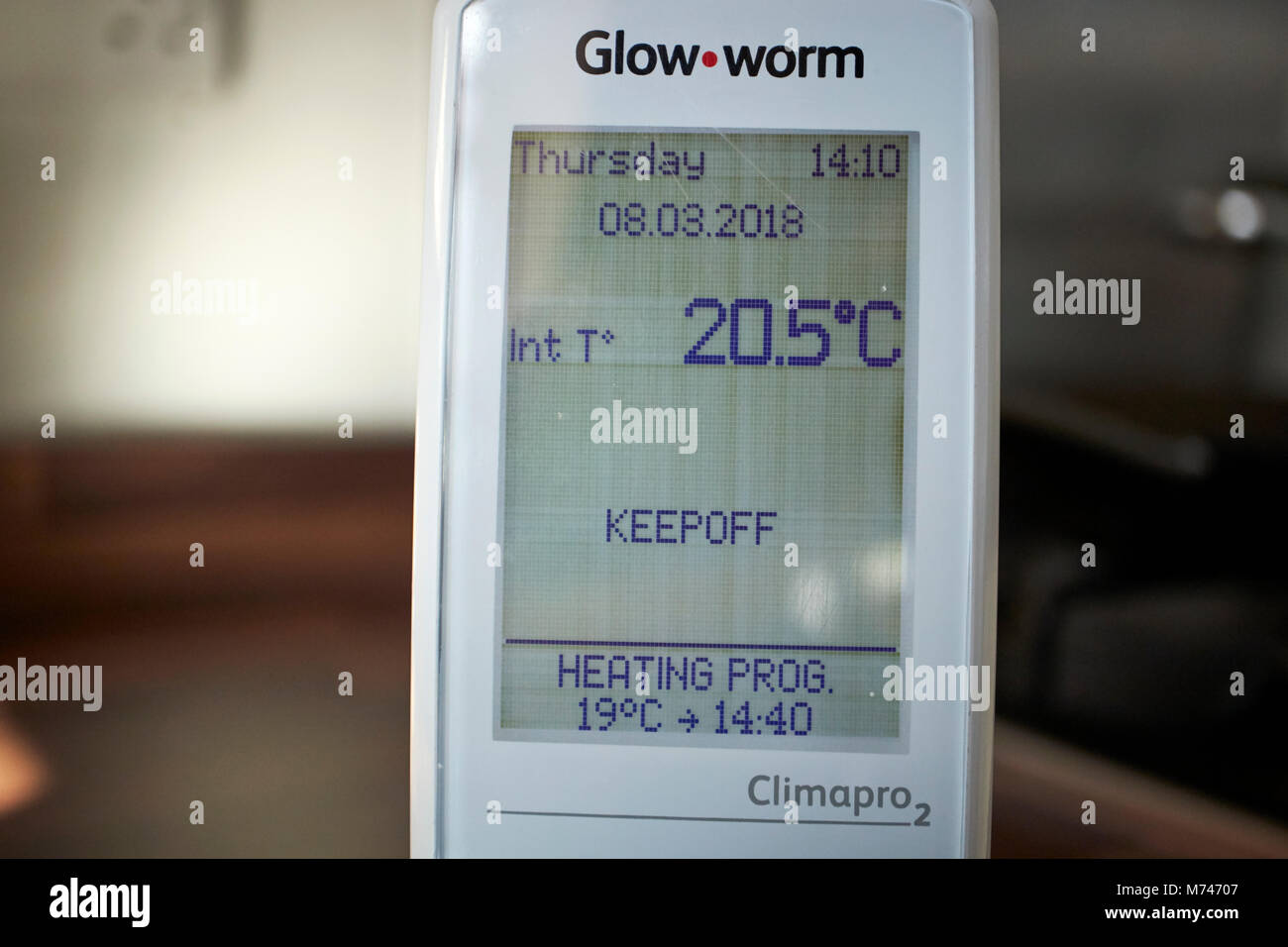 Combi Gas Boiler Zentralheizung temperatur Fernbedienung in Großbritannien Stockfoto