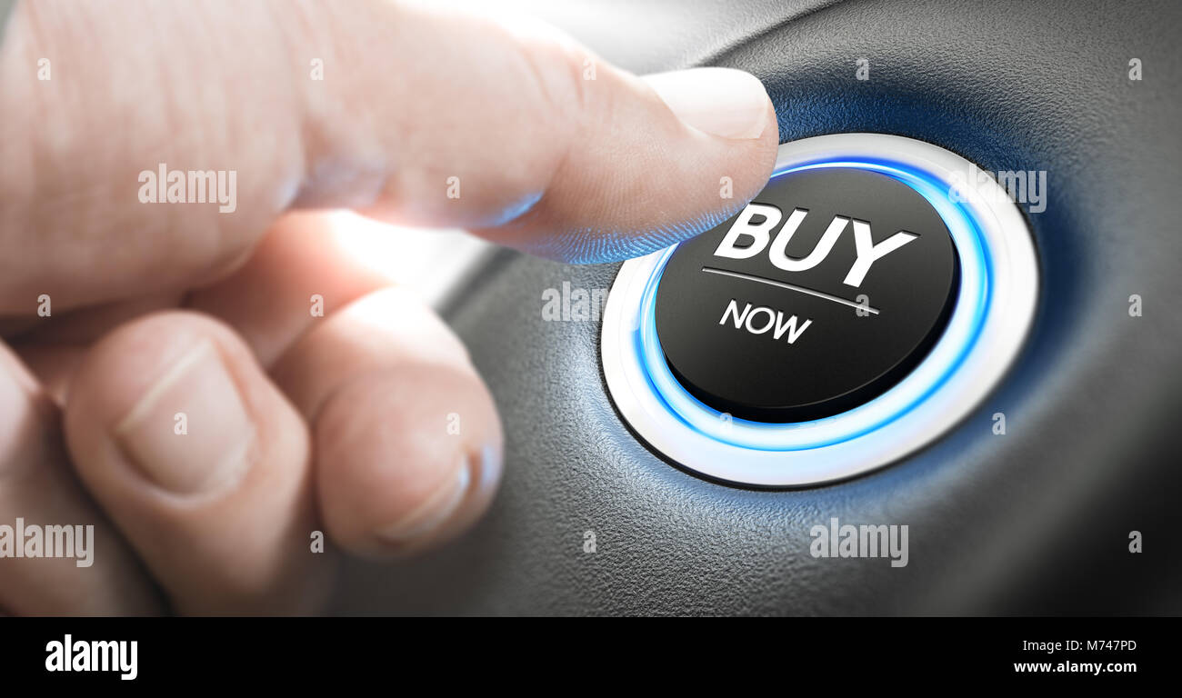 Man treibt ein Auto starten Button mit dem Text "Jetzt kaufen". Aufruf zum Handeln. Das zusammengesetzte Bild zwischen einem Finger Fotografie und 3D-Hintergrund. Stockfoto
