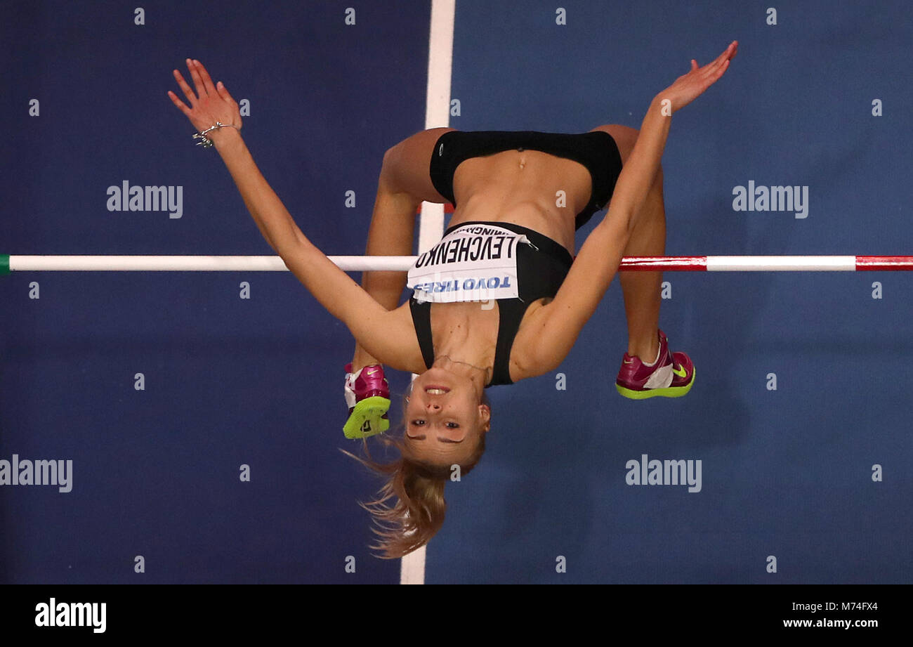 Die Ukrainerin Yuliya Levchenko in Aktion beim Frauen-Hochsprung am ersten Tag der IAAF-Hallenweltmeisterschaften 2018 in der Arena Birmingham, Birmingham. DRÜCKEN SIE VERBANDSFOTO. Bilddatum: Donnerstag, 1. März 2018. Siehe PA Story Athletics Indoor. Bildnachweis sollte lauten: Simon Cooper/PA Wire. Stockfoto