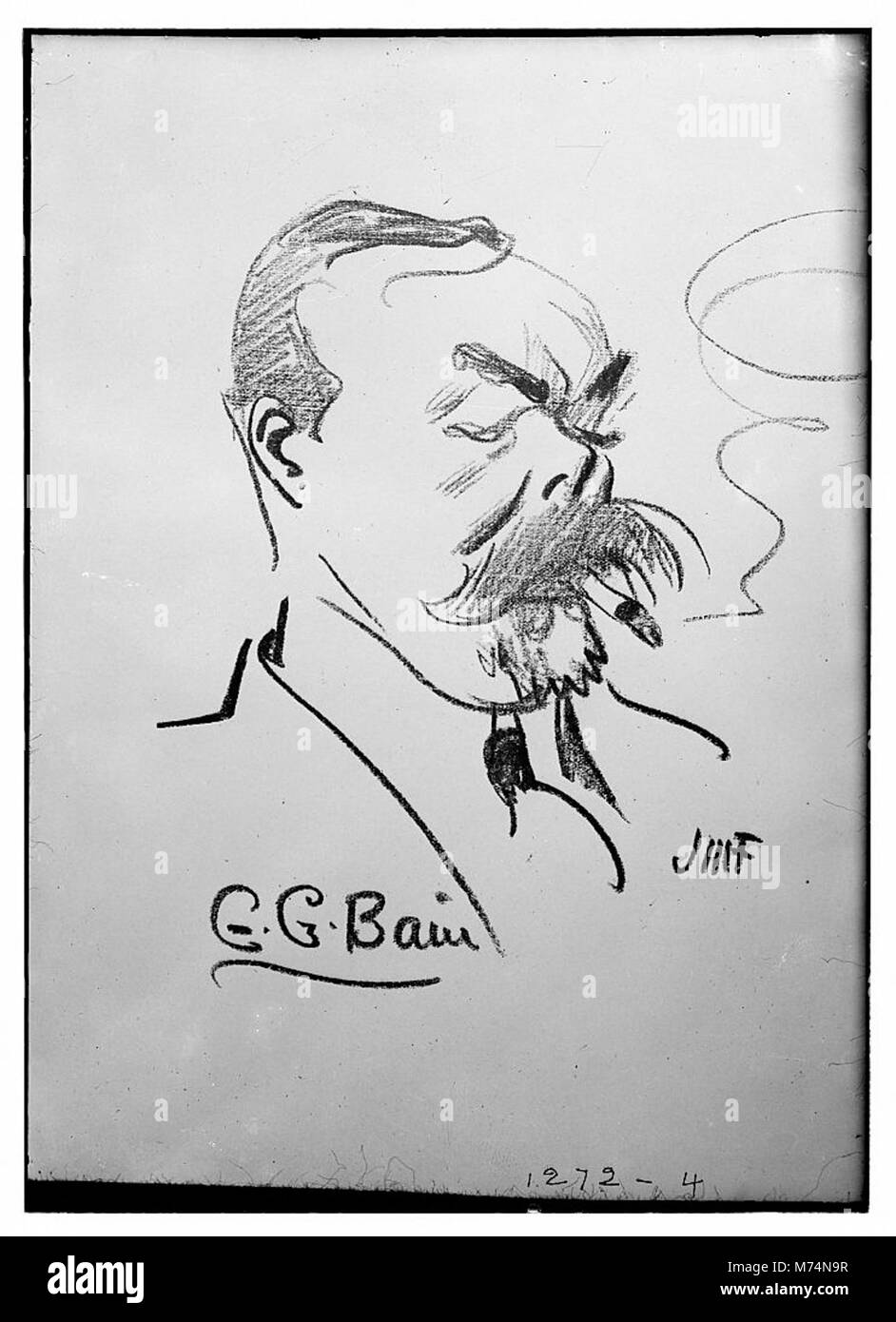 Eine Karikatur von George Grantham Bain, geschaffen vom Künstler J.M. Flagg, die den einzigartigen Stil und die Persönlichkeit des bekannten Fotografen und frühen Fotojournalisten einfängt. Stockfoto