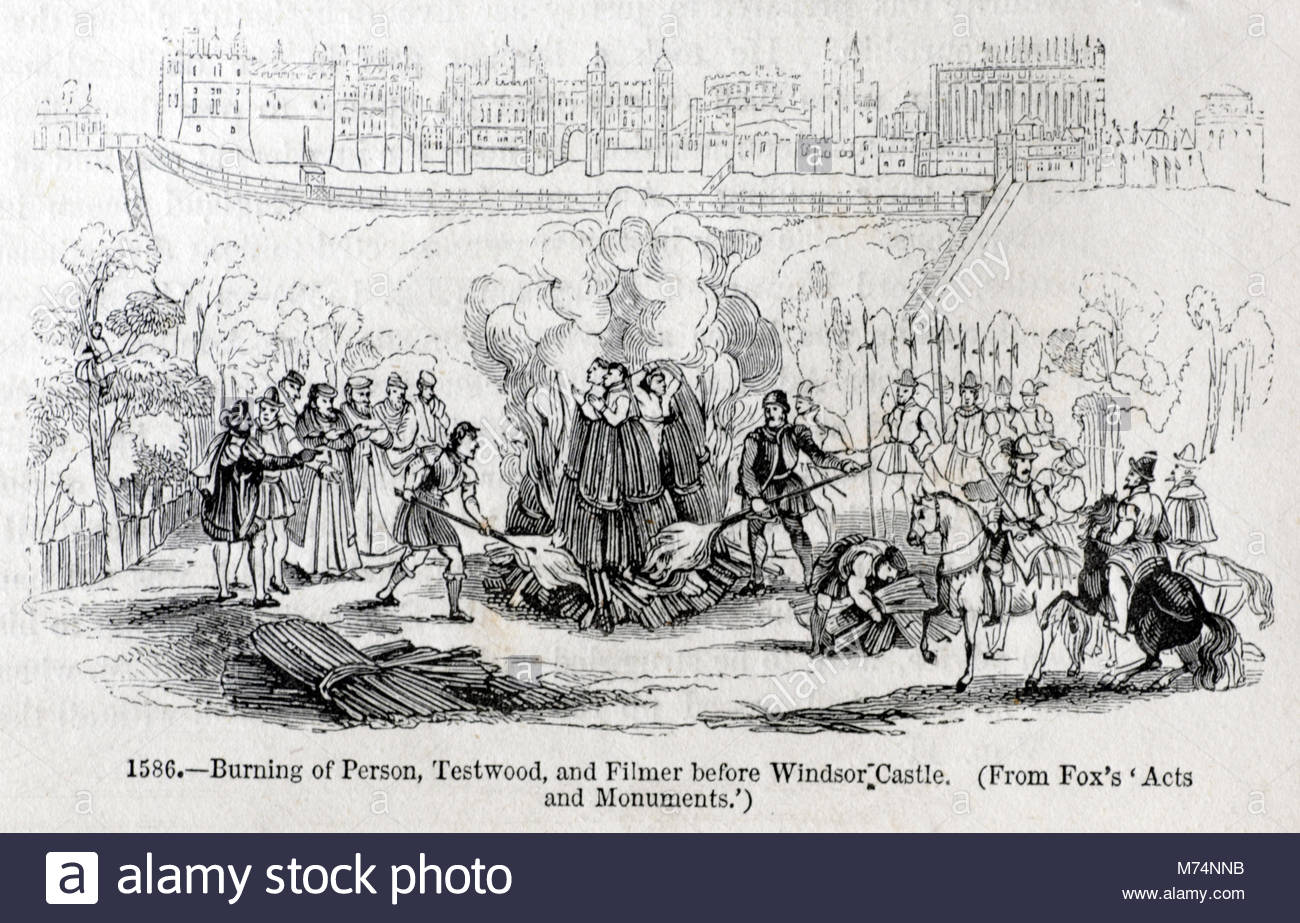 Brennen von Person, Testwood, und Filmer, vor Windsor Castle 1543, antike Gravur von 1860 Stockfoto