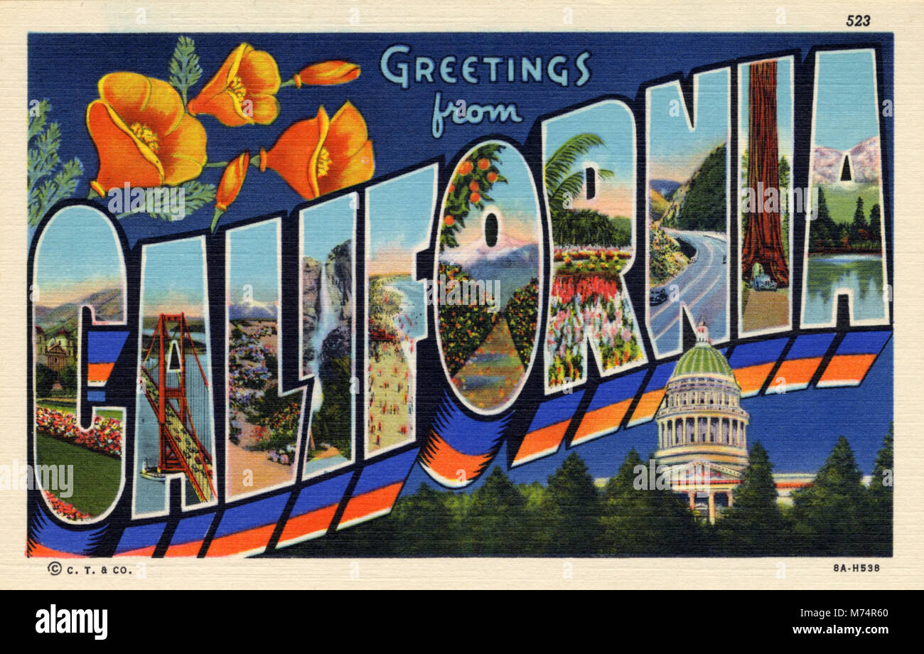 Eine Postkarte aus der Pictorial Wonderland-Serie, die malerische Landschaften Kaliforniens zeigt und die natürliche Schönheit und lebendige Kultur des Bundesstaates zeigt. Stockfoto