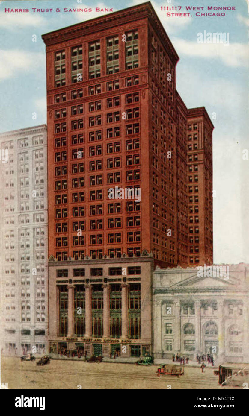 Ein Foto von Harris Trust & Savings Bank in 111-117 West Monroe Street in Chicago. Das Gebäude repräsentiert die Bankenarchitektur des frühen 20. Jahrhunderts. Stockfoto