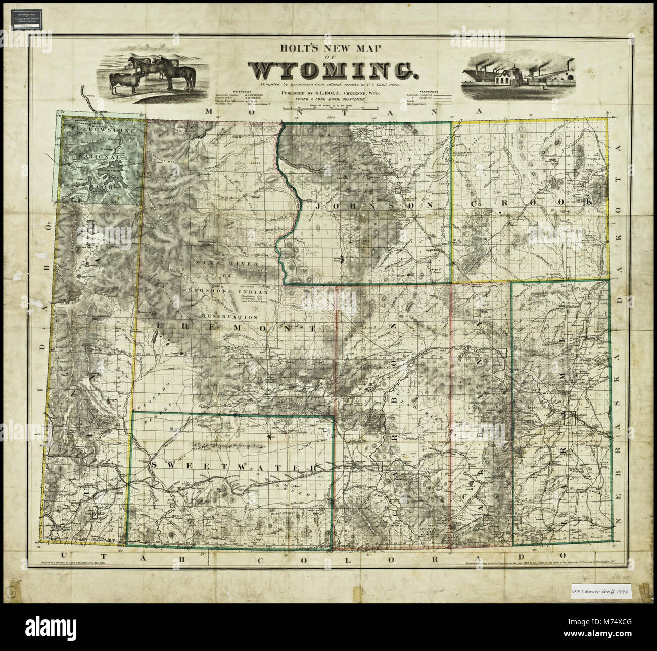 Holts neue Landkarte von Wyoming, die die Geographie, die politischen Grenzen und die wichtigsten Merkmale des Bundesstaates veranschaulicht, bietet einen detaillierten Blick auf Wyomings Landschaft und Infrastruktur. Stockfoto