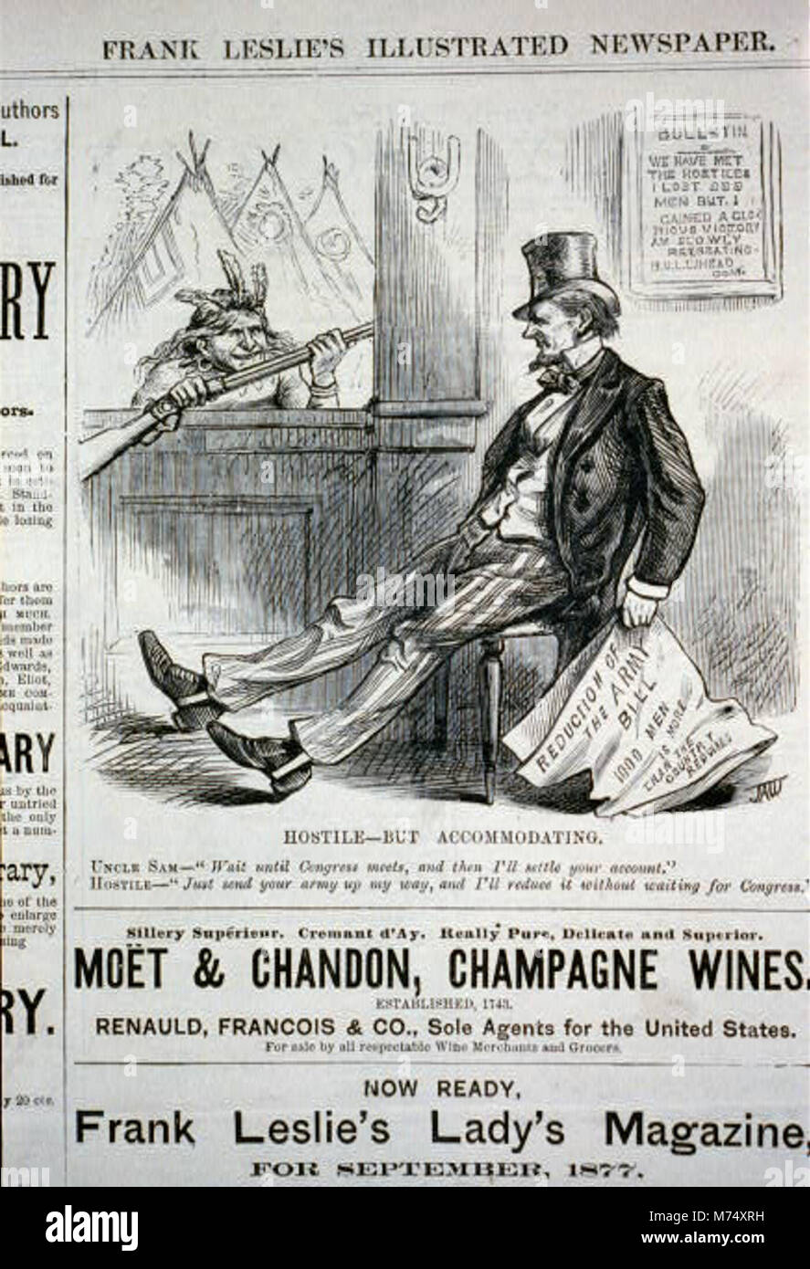 Dieser politische Cartoon veranschaulicht die Spannungen zwischen der US-Regierung und den Indianern. Onkel Sam hält ein Gesetz zur Reduzierung der Armee, während ein Indianer am Fenster auf seine verspätete Aktion reagiert und historische Konflikte hervorhebt. Stockfoto