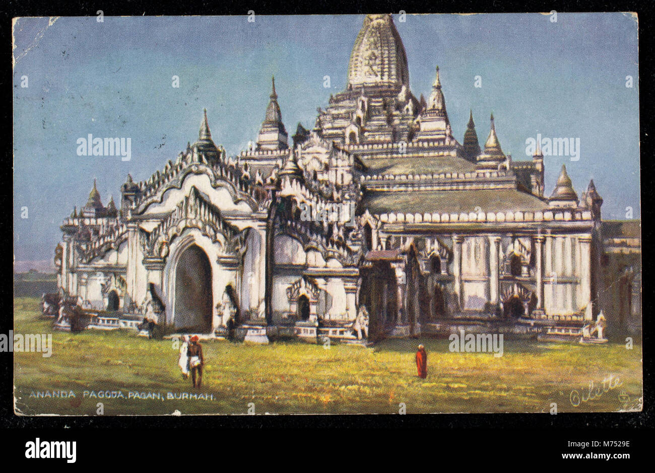 Dieses Bild zeigt die Ananda-Pagode in Pagan, Birma (das heutige Myanmar). Die Pagode ist eine der am besten erhaltenen und wichtigsten religiösen Strukturen in der Region, bekannt für ihre komplizierte Architektur. Stockfoto