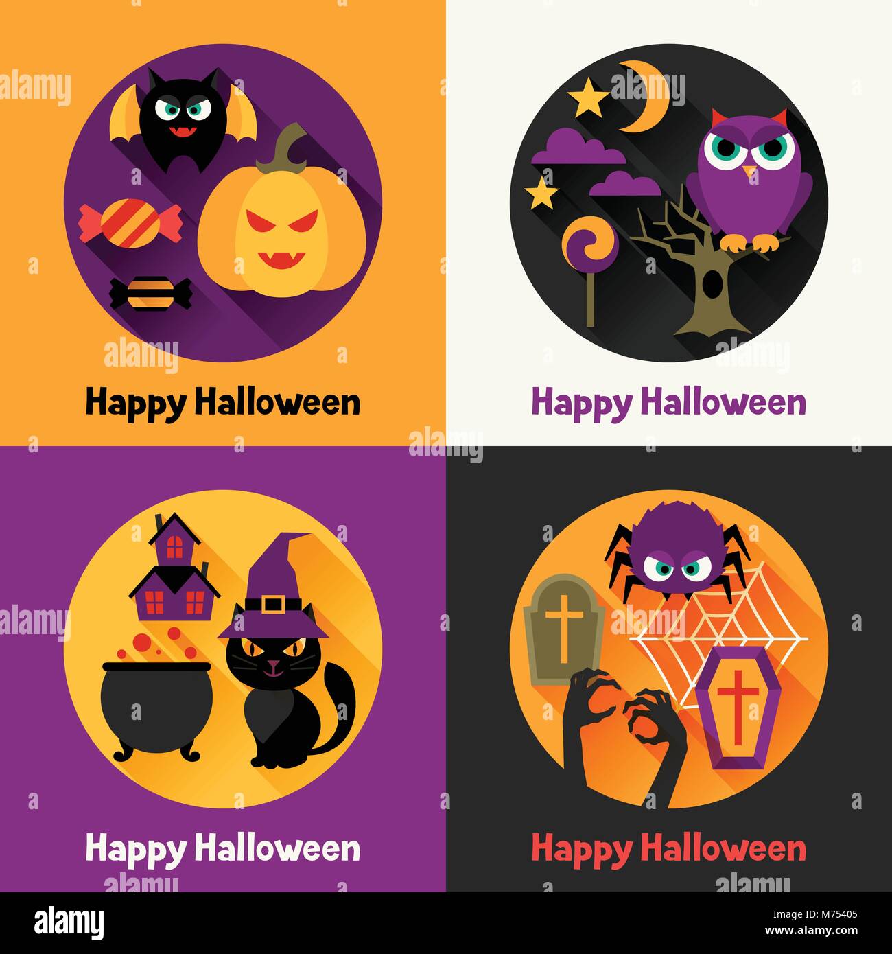 Happy Halloween Grußkarten im flachen Design Stil Stock Vektor