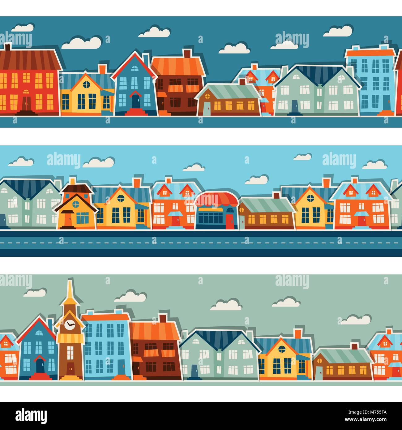 Stadt nahtlose Muster mit niedlichen bunten Aufkleber Häuser Stock Vektor