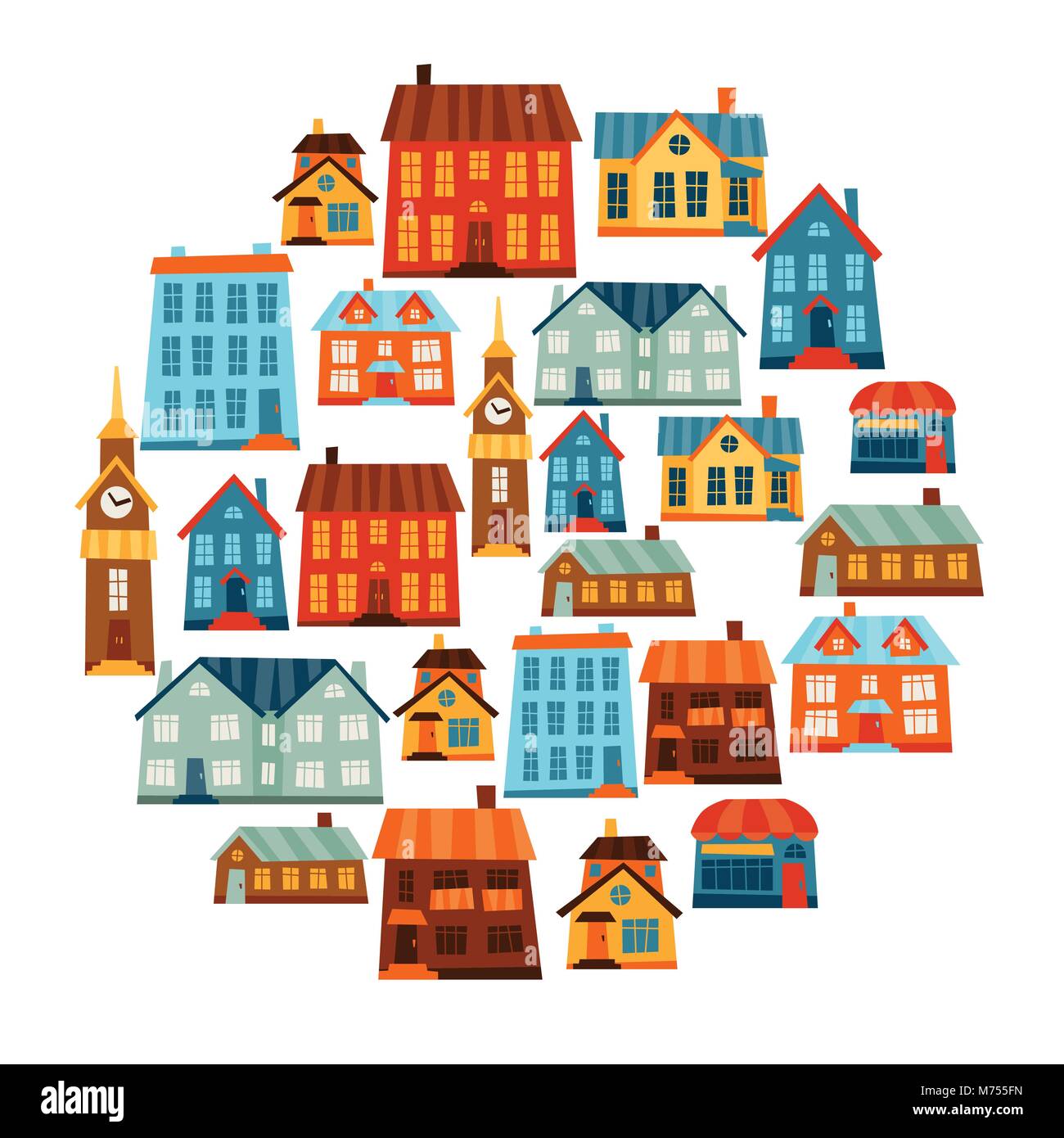 Stadt Icon Set von niedlichen bunten Häusern Stock Vektor