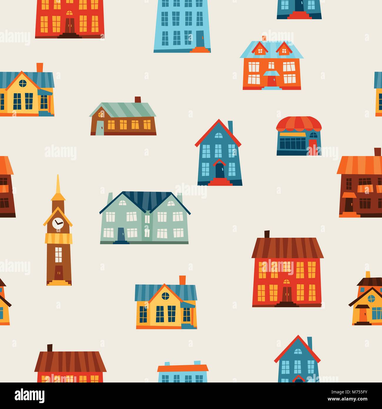 Stadt nahtlose Muster mit niedlichen bunten Häusern Stock Vektor