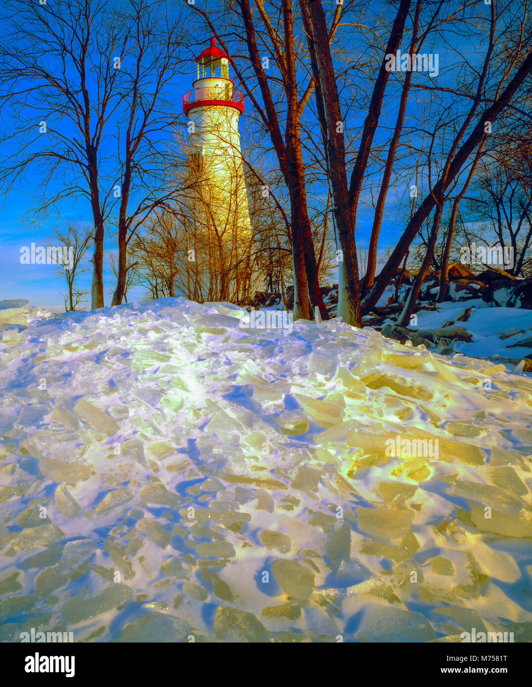 Marblehead Leuchtturm im Winter, Marblehead, Ohio, See Erie shore historischen Leuchtturm dating von 1821 Stockfoto