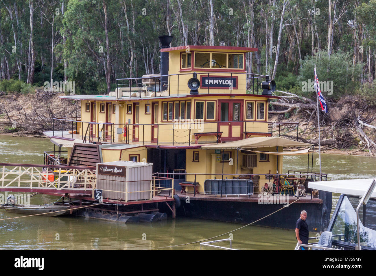 Raddampfer Emmylou festgemacht, Murray River, Echuca, Victoria, Australien Stockfoto