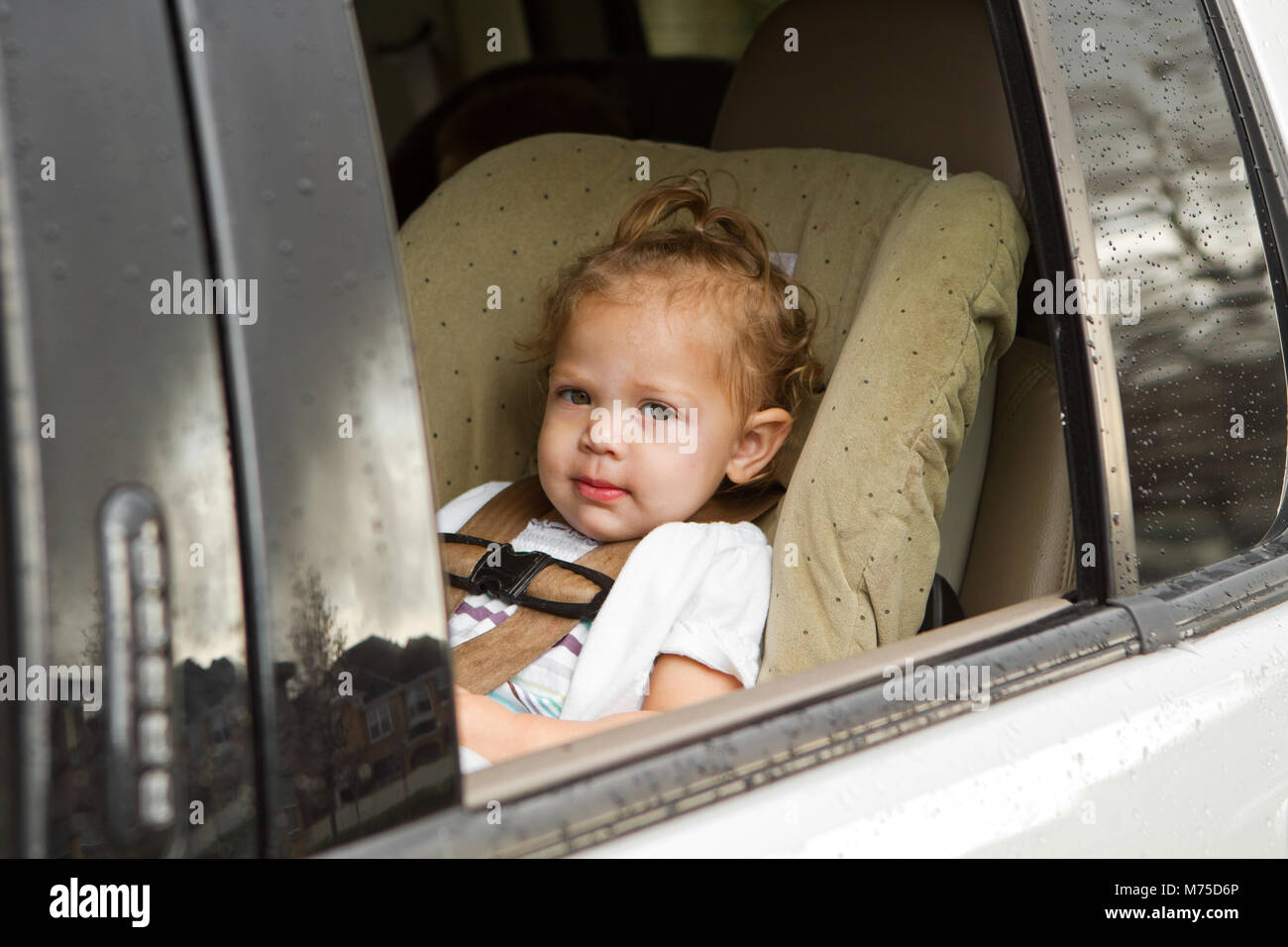 Kleines Mädchen auf dem Rücksitz lächelnd. Stockfoto