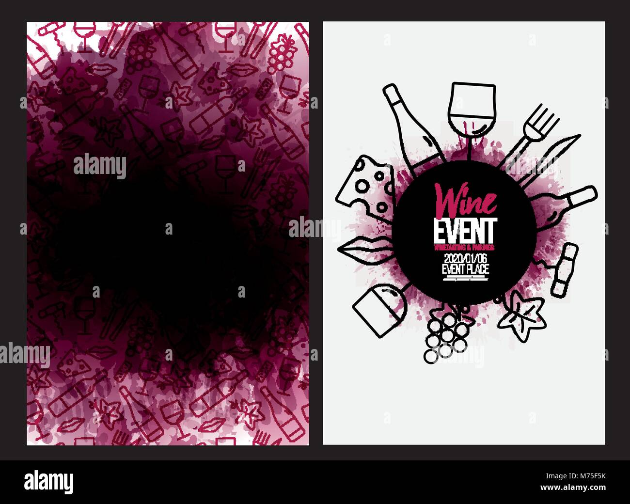 Template Design mit Wein Symbole Muster Hintergrund. Hintergrund Textur des Weines Flecken. Idee für Ihr Essen und Trinken Designs. Vektorgrafiken. Stock Vektor