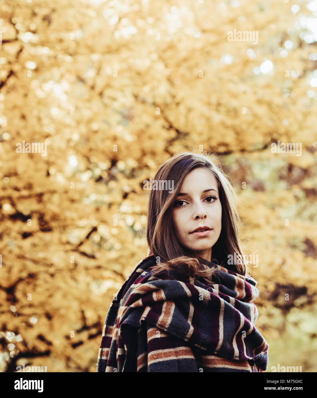 Junge Frau im Park an Herbsttag Stockfoto