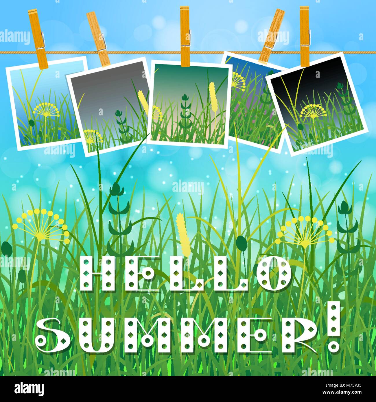 Konzept Sommer. Himmel, Blur, Field Grass. Sommer Fotos auf Wäscheklammern auf einem Seil. Sie können Ihre Fotos einfügen. Text: Hallo Sommer Stock Vektor