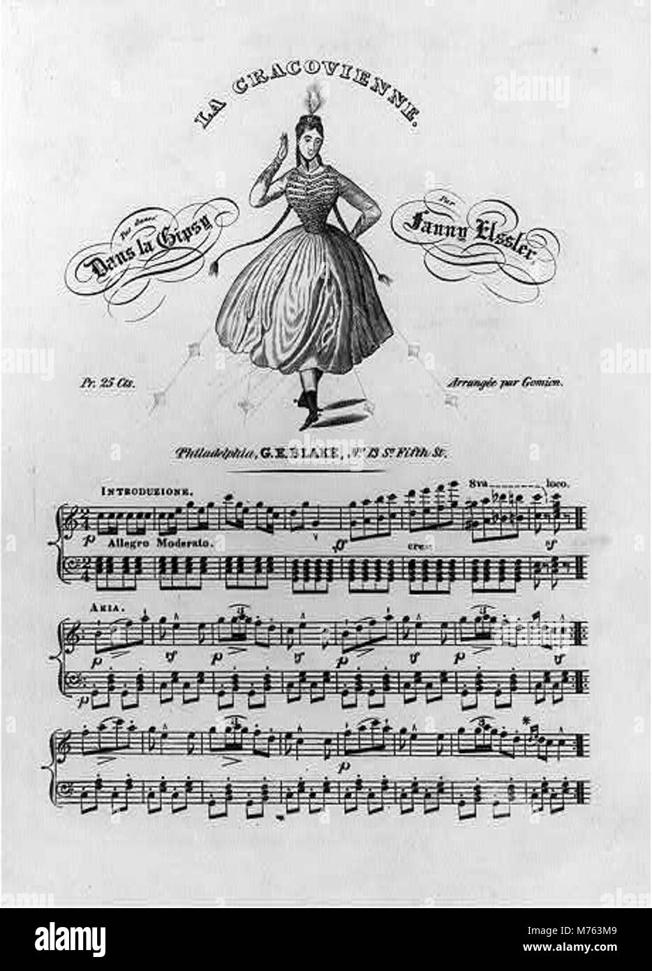 Dieses Bild zeigt Fanny Ellsler, der „La Cracovienne“ aufführt, einen populären Tanz im 19. Jahrhundert, der für seinen lebhaften und energiegeladenen Stil bekannt ist. Stockfoto