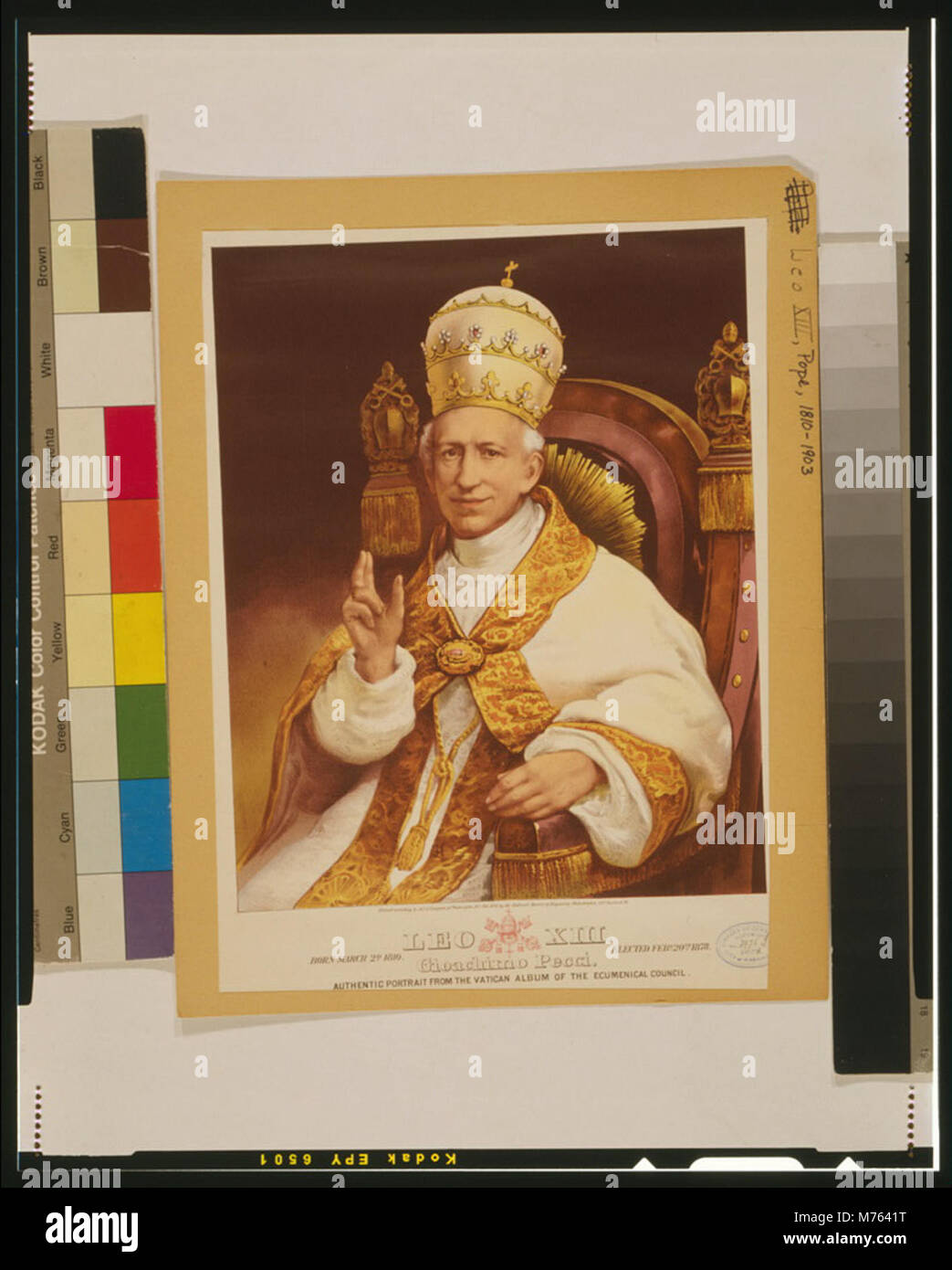 Ein Porträt von Papst Leo XIII., geborener Gioachimo Pecci, der von 1878 bis 1903 Papst war. Das Bild fängt seine würde und religiöse Autorität während seines Papsttums ein. Stockfoto