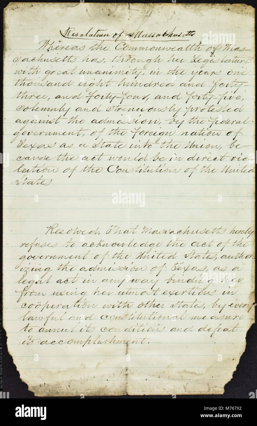 Dieses Bild zeigt eine Resolution des Massachusetts General Court, die um 1846 datiert wurde. Die Entschließung spiegelt die gesetzgeberische Tätigkeit in dieser Zeit in der Geschichte der USA wider. Stockfoto