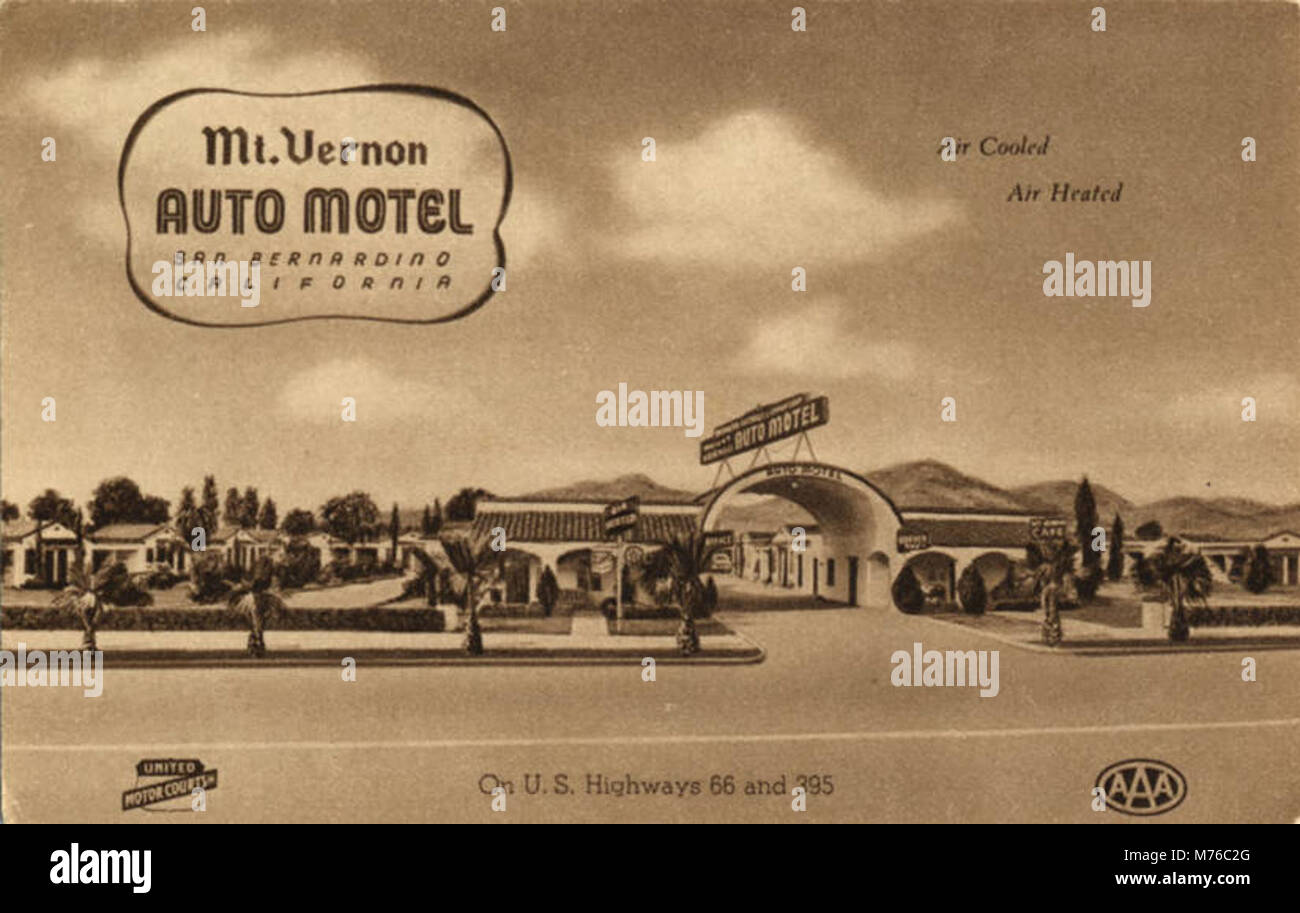 Der Mt. Das Vernon Auto Motel in den Vereinigten Staaten war ein wichtiger Ort für Unterkünfte am Straßenrand, der das Wachstum des Automobiltourismus und der Motels am Straßenrand in Amerika Mitte des 20. Jahrhunderts widerspiegelt. Stockfoto