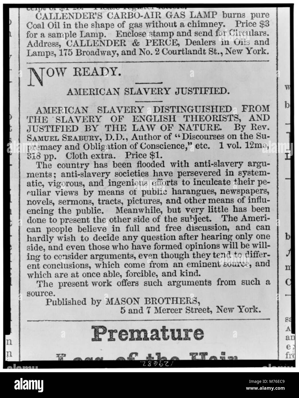 Eine historische Publikation oder ein Bild, das sich auf die Rechtfertigungen der amerikanischen Sklaverei bezog und möglicherweise die politischen oder sozialen Argumente diskutiert, die im 19. Jahrhundert zur Verteidigung der Institution verwendet wurden. Stockfoto